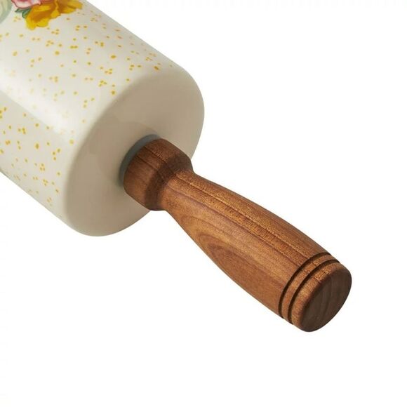 🦋 2023 🦋 New Pioneer Woman Fancy Flourish Ceramic Rolling Pin with Acacia Wood - Picture 9 of 10